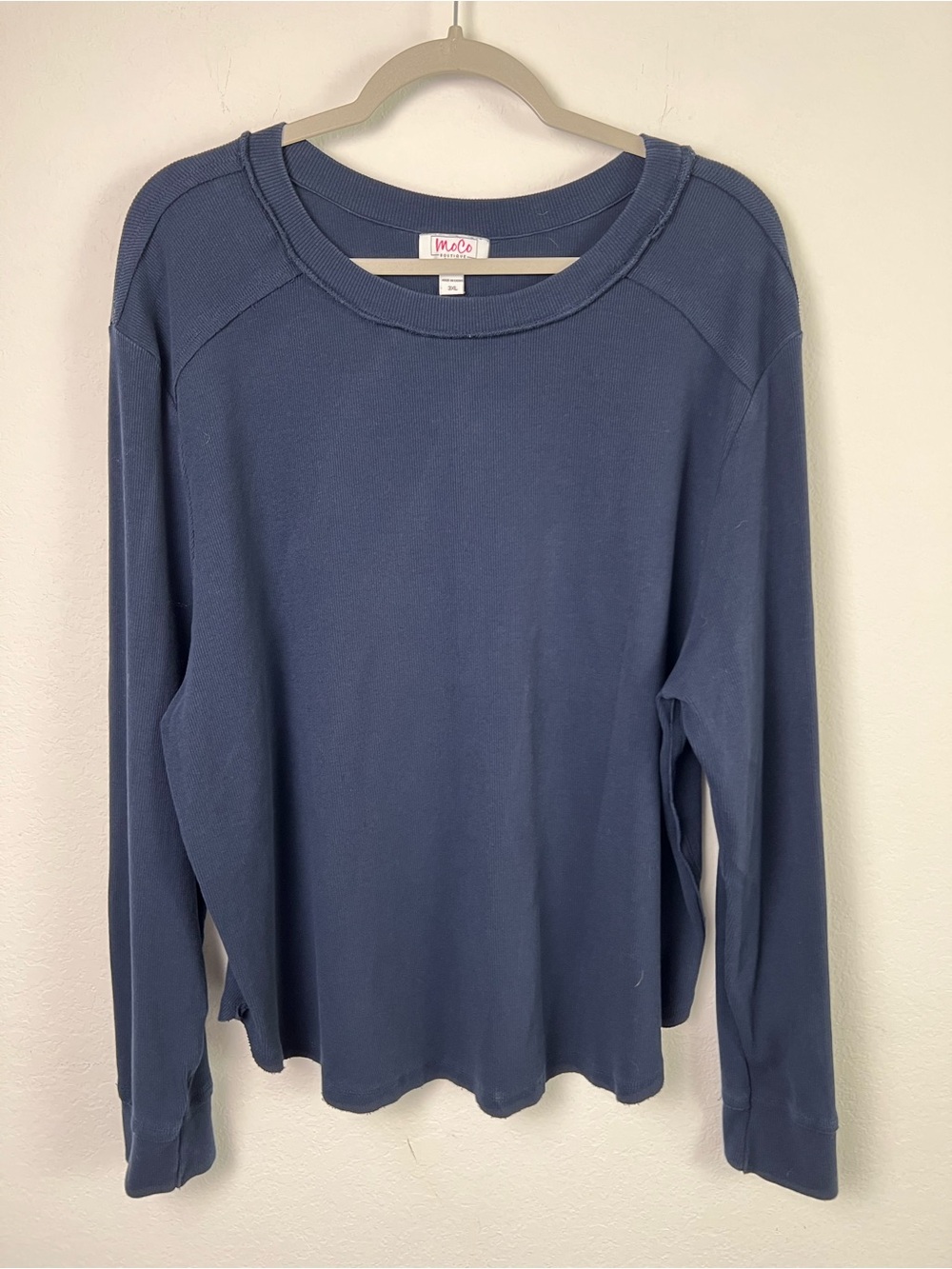 MoCo Boutique Navy Cotton Spandex Ribbed Long Sleeve Tee Boho Fall Vacation